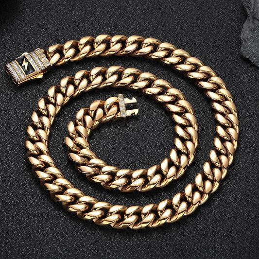 Stainless Steel Cuban Chain Lightning Zircon Necklace with Spring Clasp for Men | Caratix Jewelry - CaratixJewelry