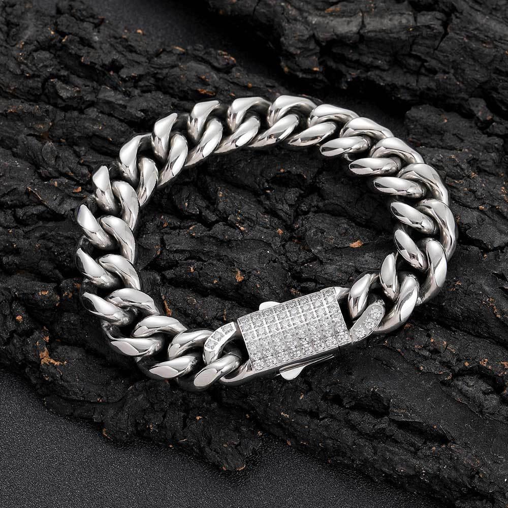 Polished Round Cuban Link Titanium Bracelet Zircon Hip Hop Jewelry Push Button Clasp for Men | Caratix Jewelry - CaratixJewelry