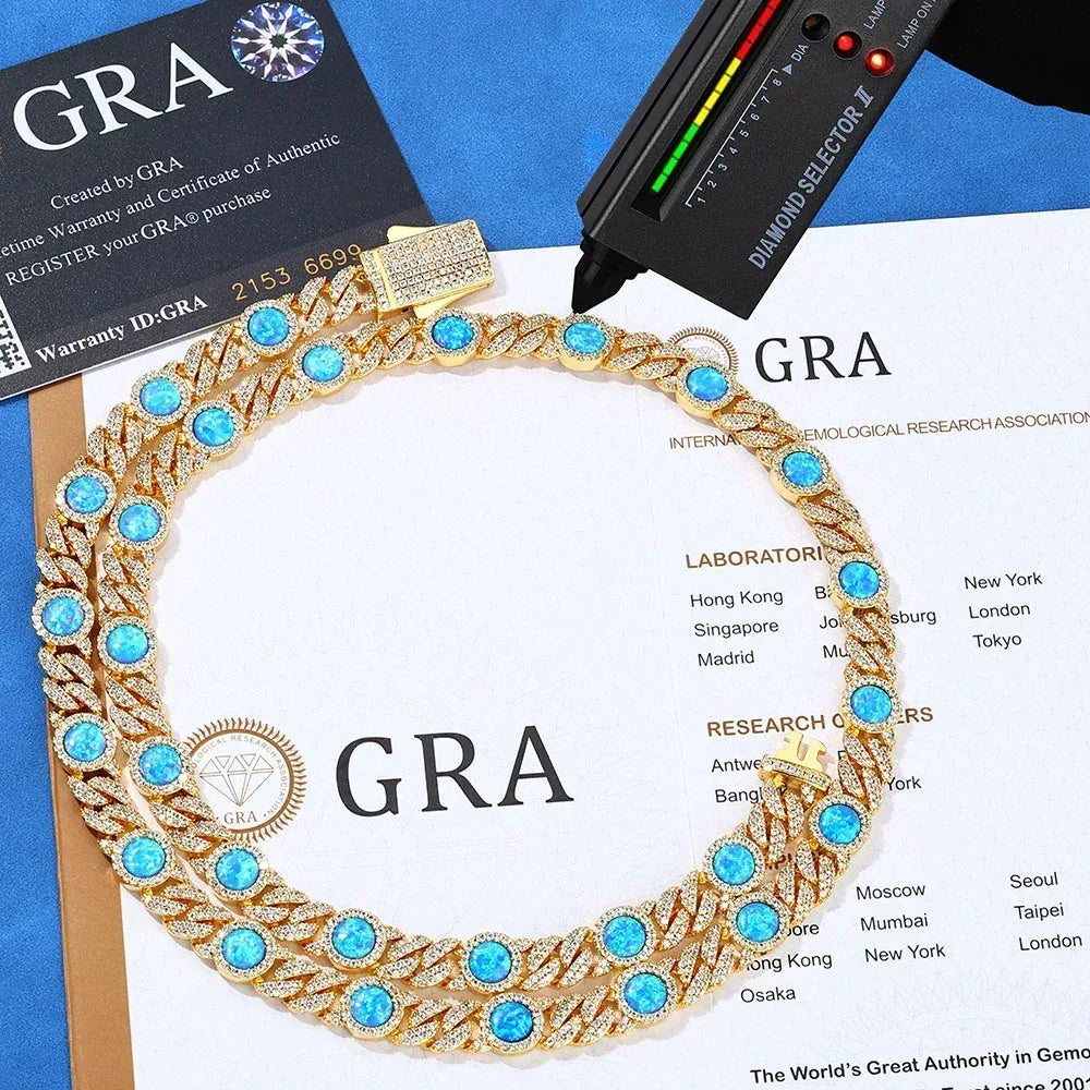 Blue Gemstone Moissanite Cuban Link Chain – Custom S925 Sterling Silver Iced-Out Hip Hop Men’s Trendy Streetwear Necklace - CaratixJewelry
