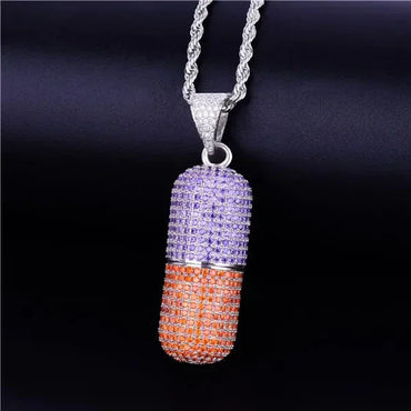 Iced Out Dual-Tone Pill Pendant | Men's Spliced Capsule Necklace | Premium Copper CZ Party Jewelry | Half & Half Trend Bling | Caratix - CaratixJewelry