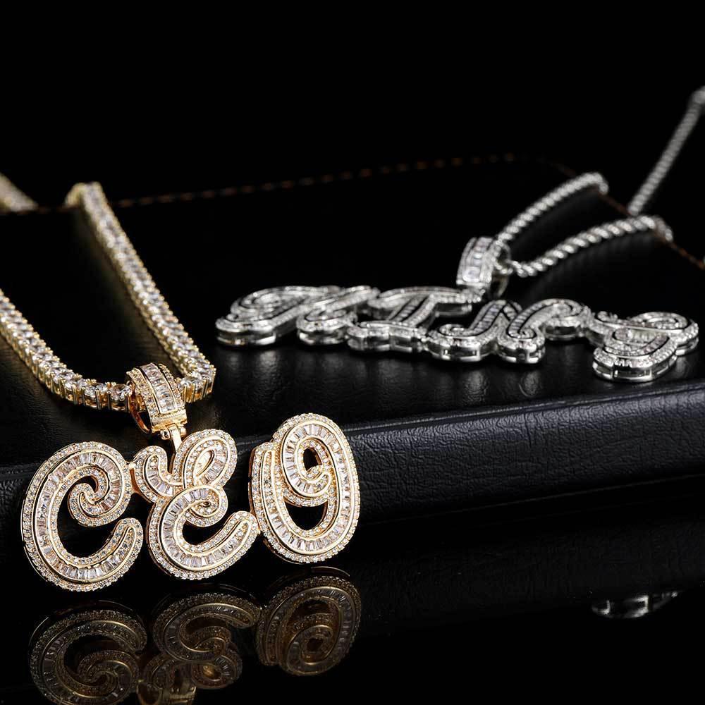 Calligraphy Letter Pendant Necklace with Micro-Pave T-Shaped Zircon Stones for Men | Caratix Jewelry - CaratixJewelry