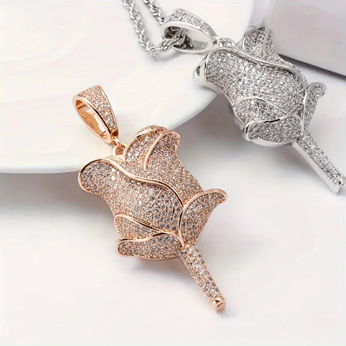 Unisex Iced Out Rose Pendant | Solid Color Real Copper CZ Necklace - CaratixJewelry