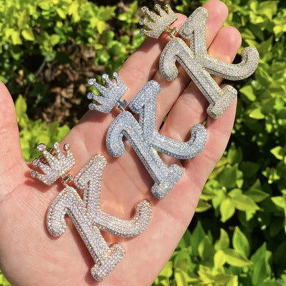 Iced Out Crown Letter K Pendant | Real Copper CZ Initial Necklace - CaratixJewelry