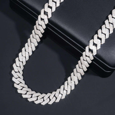 14mm Triple-Row Moissanite Cuban Link Necklace | S925 Silver Iced Out Chain - CaratixJewelry