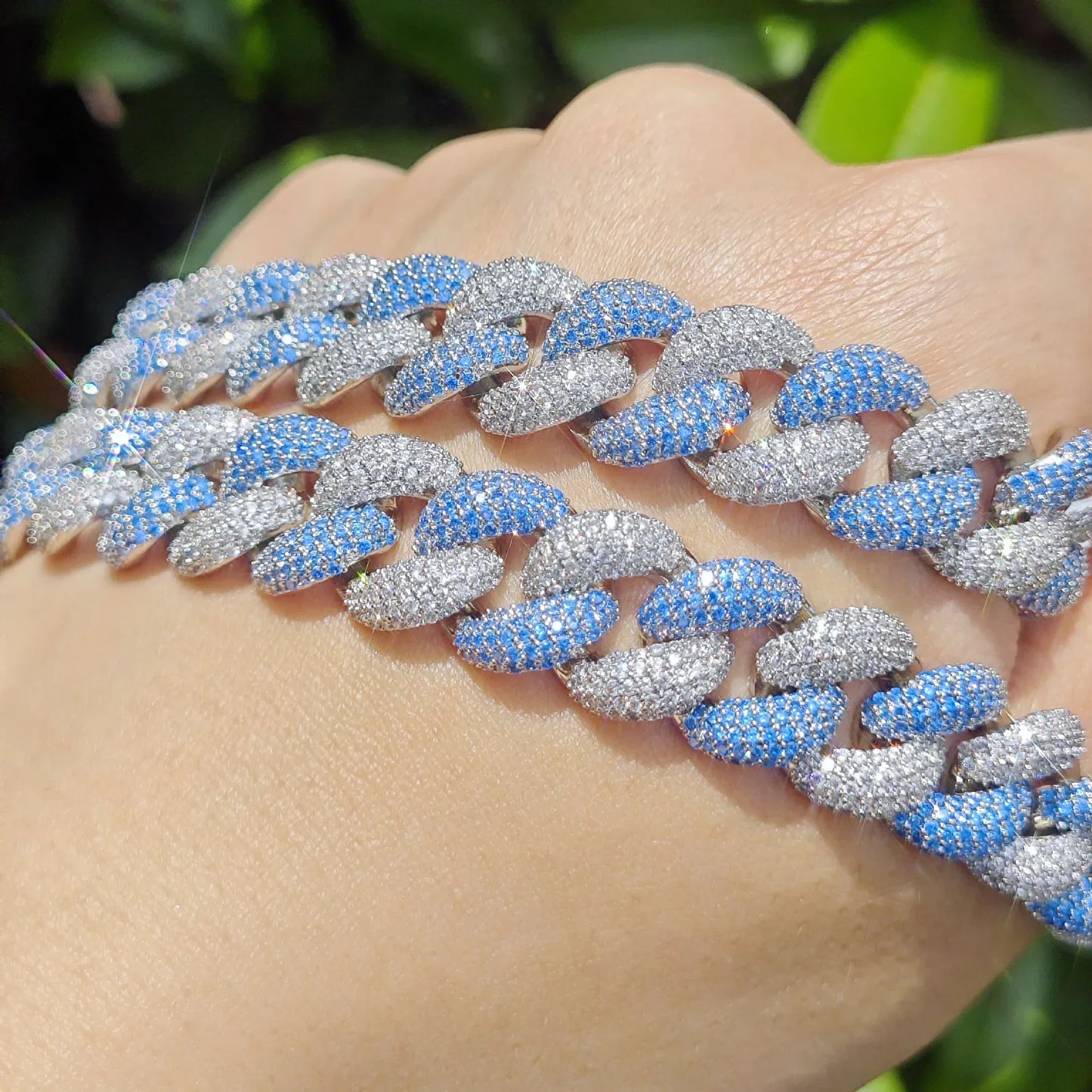 14mm Silver Blue Bubble Cuban Chain Necklace - CaratixJewelry