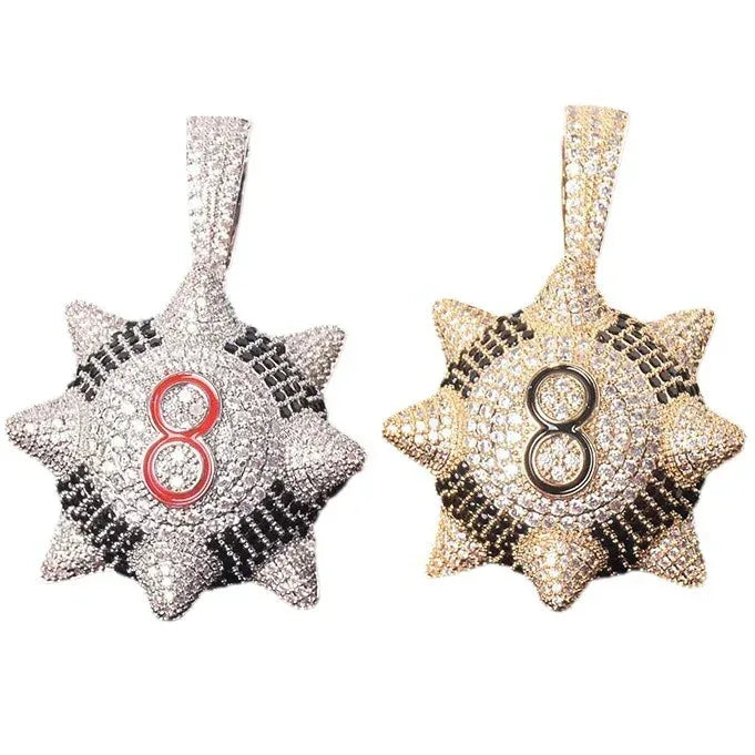 Iced Out Spiked 8-Ball Pendant | Men's 3D Billiards Necklace | Premium Copper CZ Punk Thorn Jewelry | Streetwear Lucky Charm | Caratix - CaratixJewelry