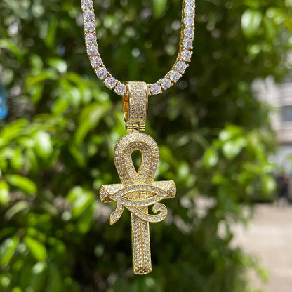 Luxury 18K Gold Plated Eye of Horus Ankh Cross Pendant | Hip Hop Iced Out Necklace for Men | Egyptian Mythology Ice Pendant | Pave CZ Jewelry | Caratix - CaratixJewelry