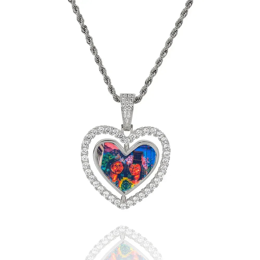 Custom Rotating Double-Sided Heart Photo Pendant Necklace with Zircon Stones | Caratix Jewelry - CaratixJewelry