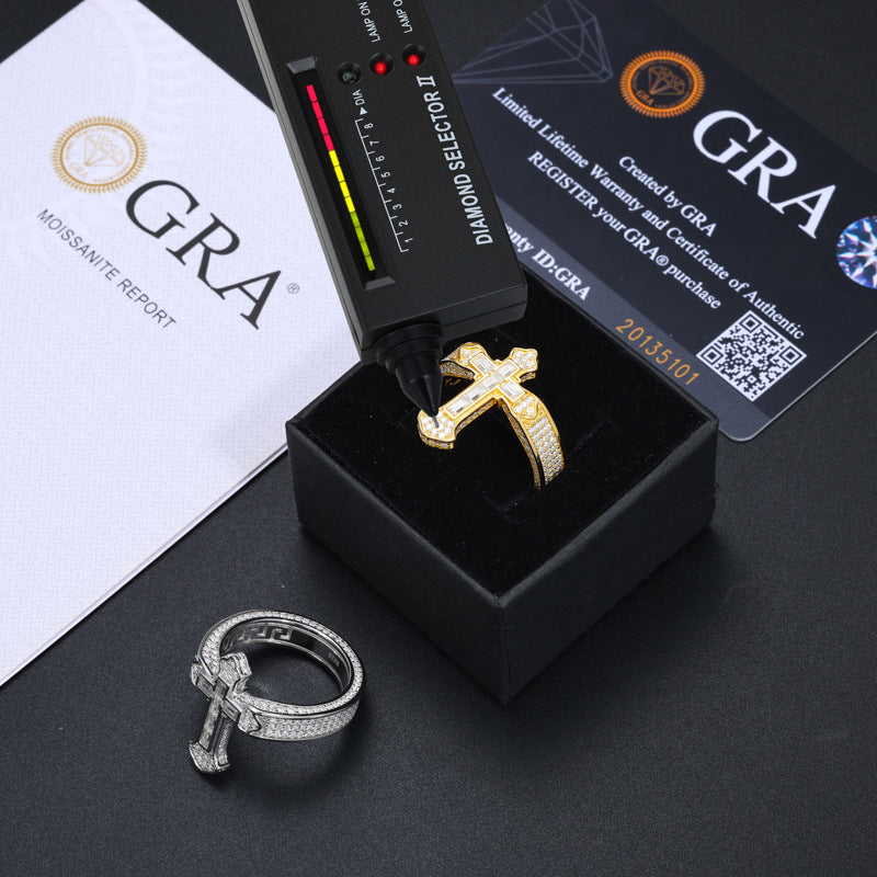 Ice-Block Baguette Moissanite Cross Ring Silver | Caratix