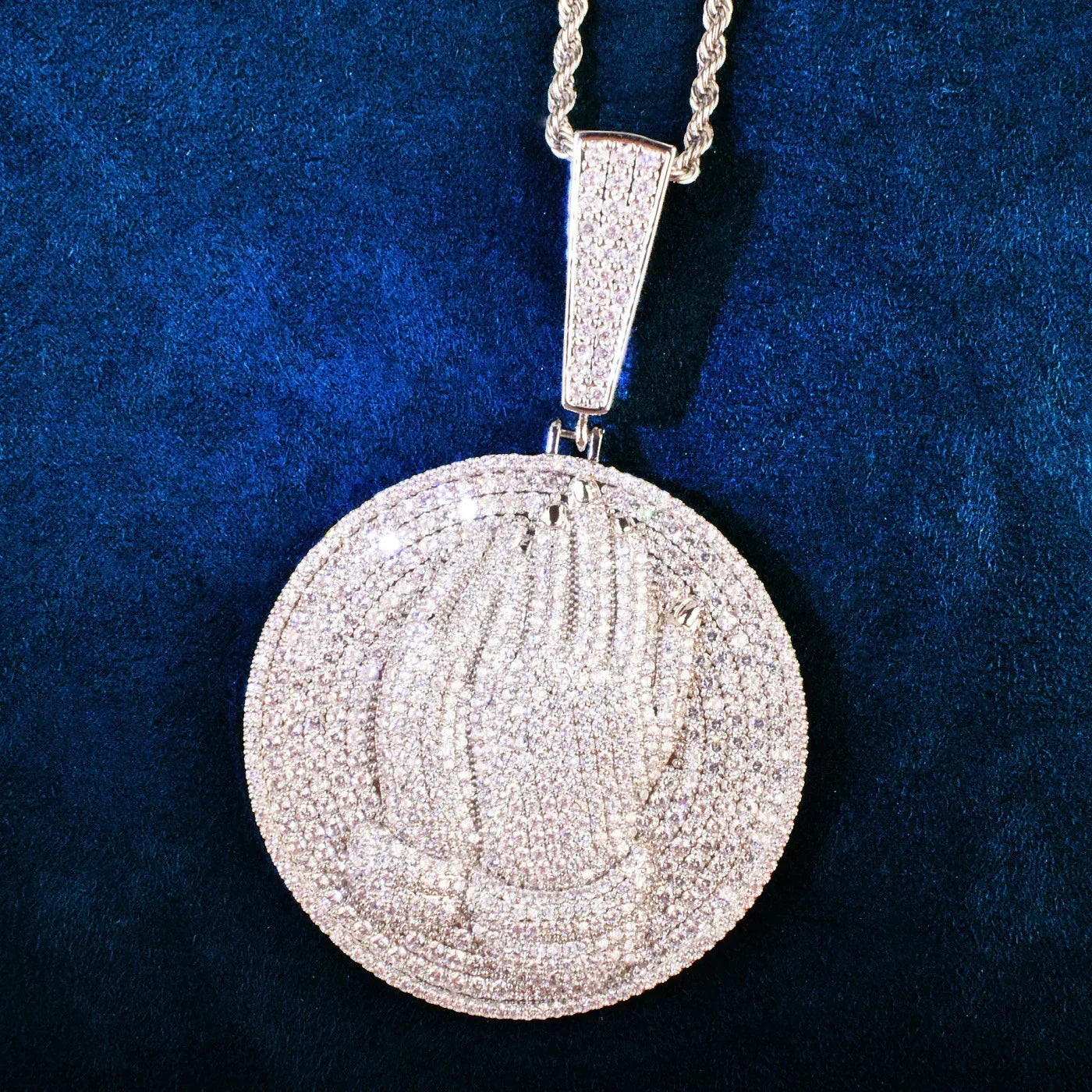 Double-Hand Disc Pendant Necklace | CZ Iced Out Hip Hop Streetwear Sweater Chain - CaratixJewelry