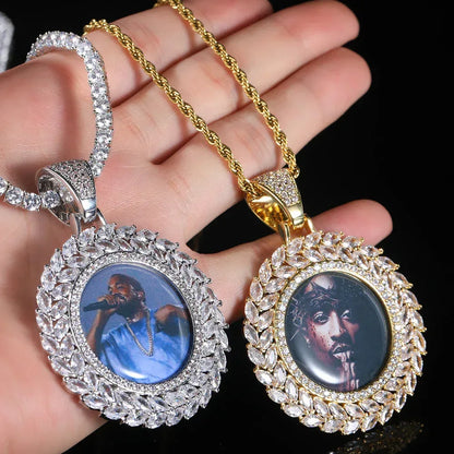 Custom Wheat Ear Round Photo Frame Pendant Necklace with Zircon Stones for Men | Caratix Jewelry - CaratixJewelry