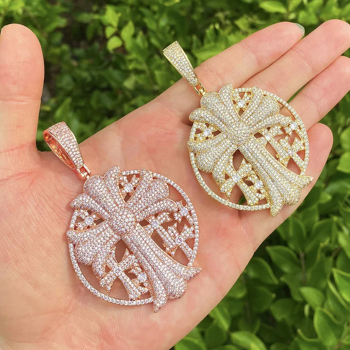 Iced Out Cross Medallion Pendant | Men's Round Disc Necklace - CaratixJewelry