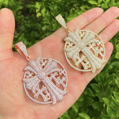 Iced Out Cross Medallion Pendant | Men's Round Disc Necklace - CaratixJewelry
