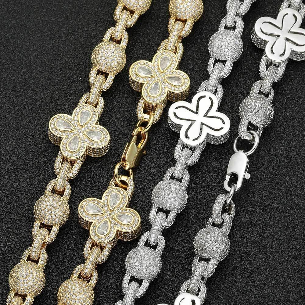 Four-Leaf Clover Moissanite Bead Chain – S925 Sterling Silver Iced-Out Hip Hop Men’s Luxury Streetwear Necklace - CaratixJewelry
