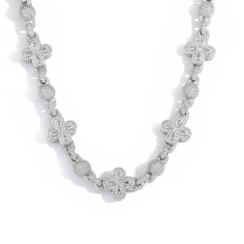Four-Leaf Clover Moissanite Bead Chain – S925 Sterling Silver Iced-Out Hip Hop Men’s Luxury Streetwear Necklace - CaratixJewelry