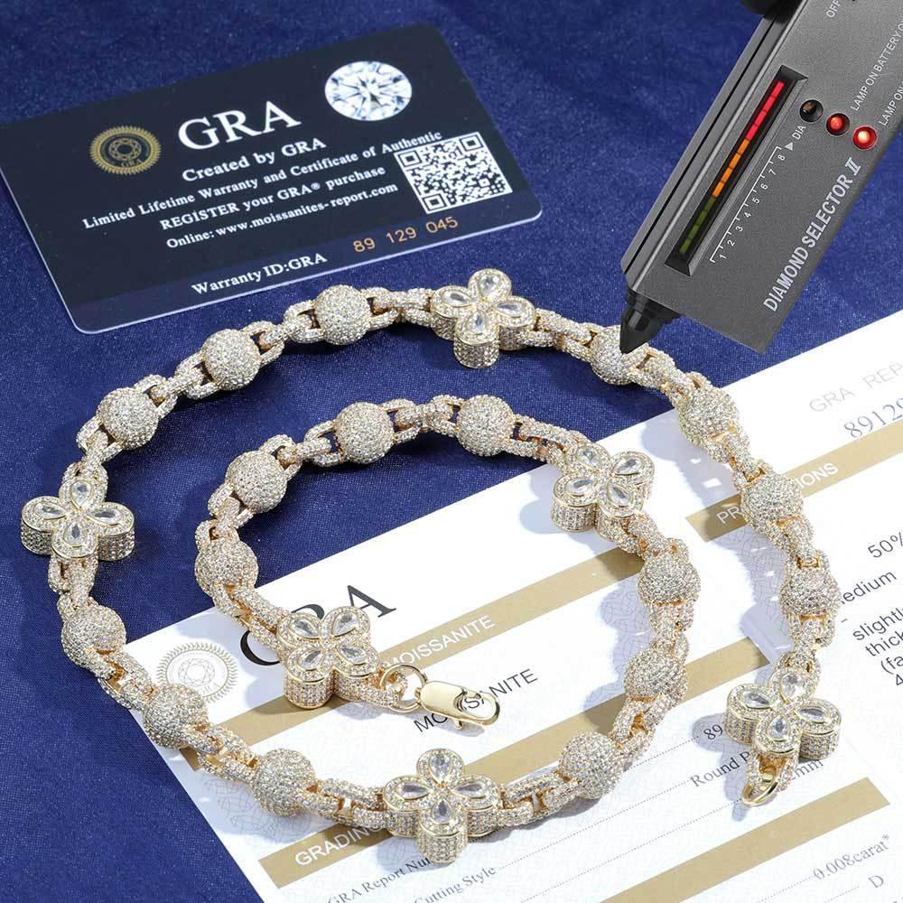Four-Leaf Clover Moissanite Bead Chain – S925 Sterling Silver Iced-Out Hip Hop Men’s Luxury Streetwear Necklace - CaratixJewelry