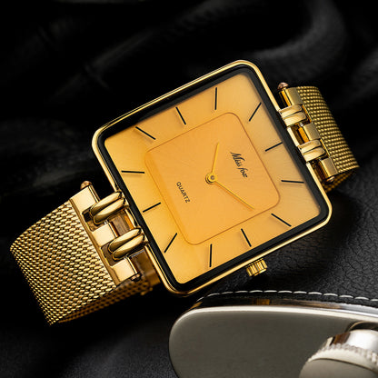 Classic Square Gold Watch Stainless Steel Mesh Band | Caratix