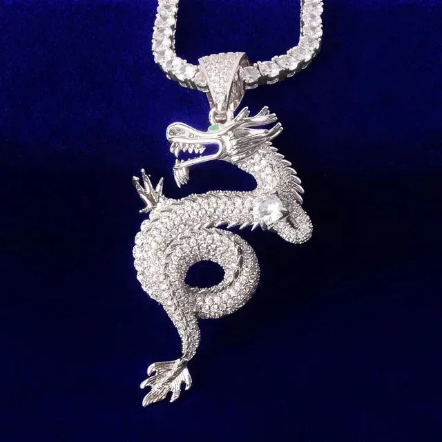Iced Out Chinese Dragon Zodiac Pendant | Year of the Dragon Vintage Gold Necklace - CaratixJewelry