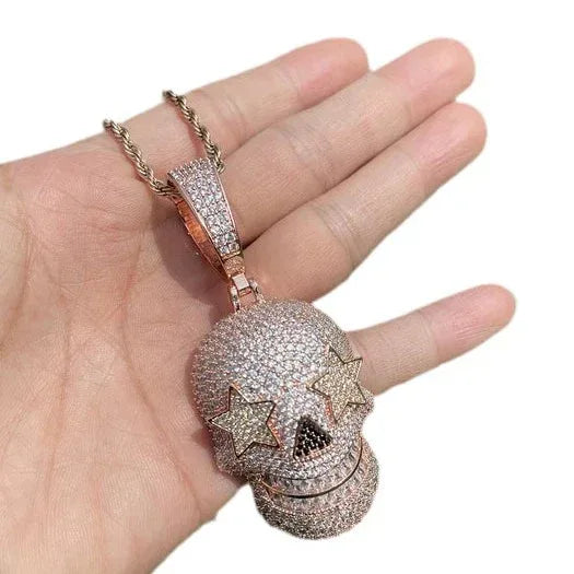 Iced Out Star Eye Skull Pendant | Men's Real Copper CZ Necklace - CaratixJewelry