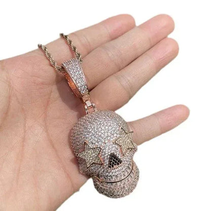 Iced Out Star Eye Skull Pendant | Men's Real Copper CZ Necklace - CaratixJewelry