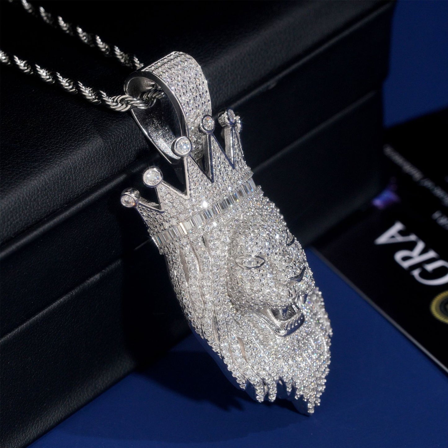 S925 Sterling Silver Moissanite Lion King Pendant with Crown | Iced Out Lion Head for Cuban Chain | Caratix