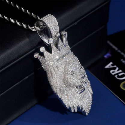 S925 Sterling Silver Moissanite Lion King Pendant with Crown | Iced Out Lion Head for Cuban Chain | Caratix