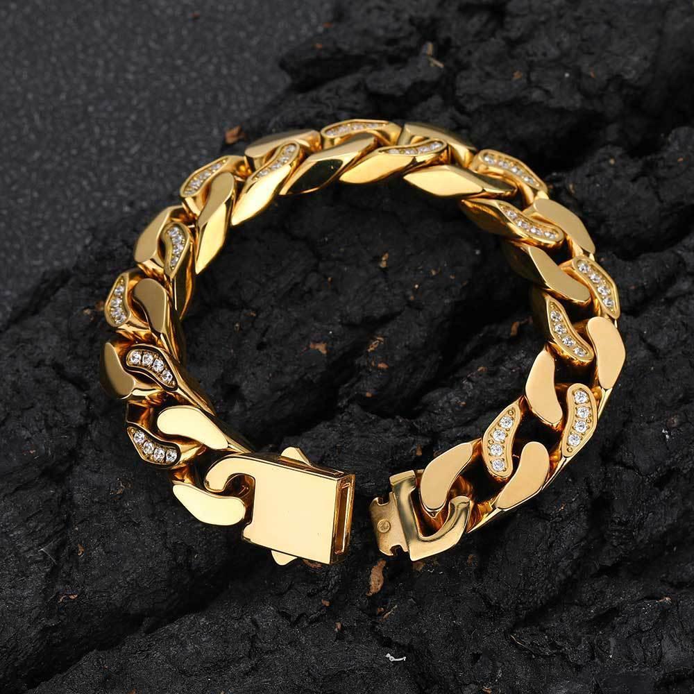 12mm Stainless Steel Hip Hop Bracelet with CNC Half Pavé Zircon - CaratixJewelry