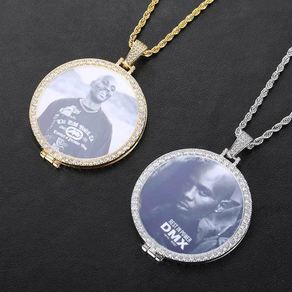 Hip Hop Flip-Top Round Photo Frame Pendant Necklace with Copper Frame and Zircon Stones | Customizable Jewelry | Caratix Jewelry - CaratixJewelry