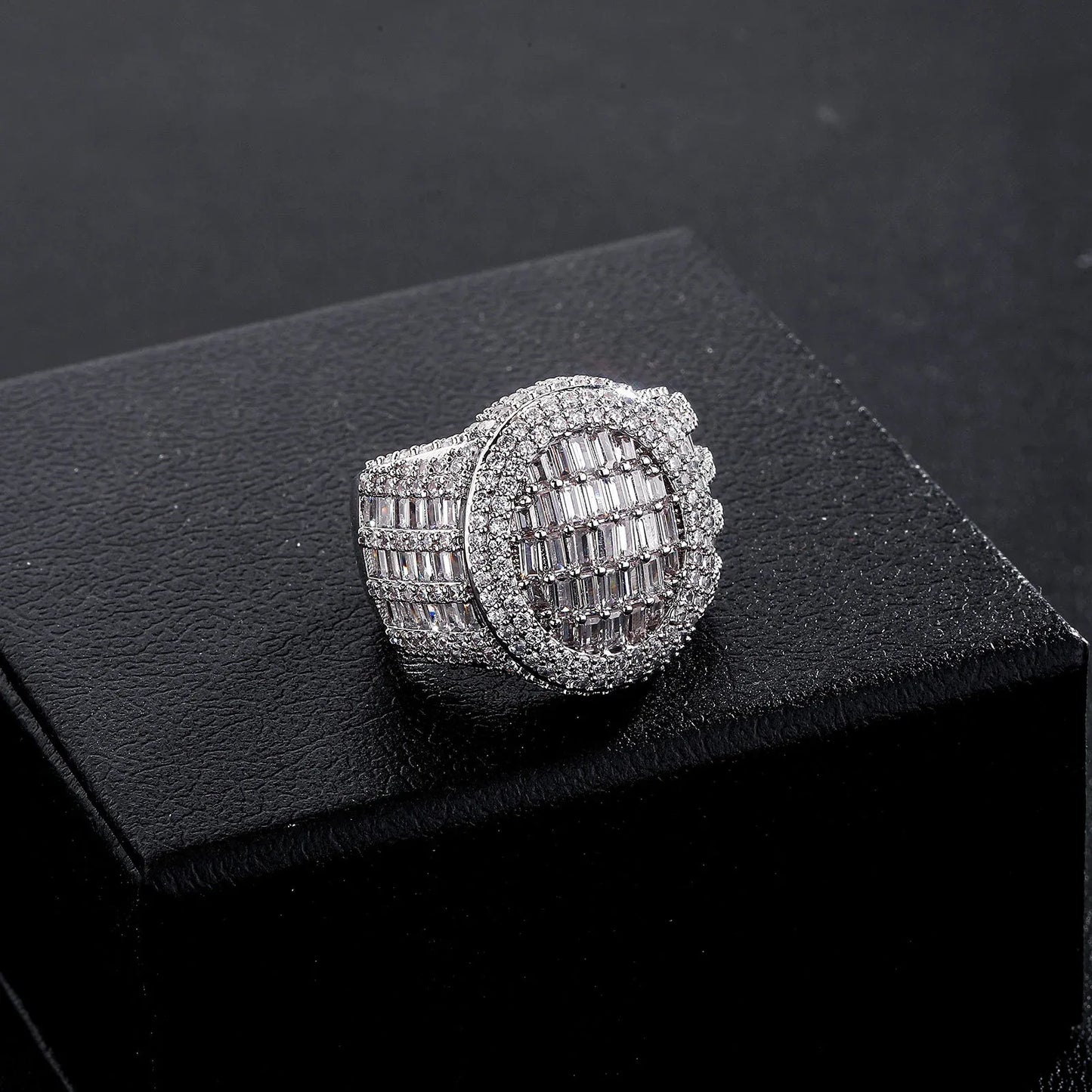 Men's Iced Out Round Signet Ring | Baguette Cut Retro Hip Hop Band | Caratix