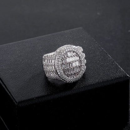 Men's Iced Out Round Signet Ring | Baguette Cut Retro Hip Hop Band | Caratix