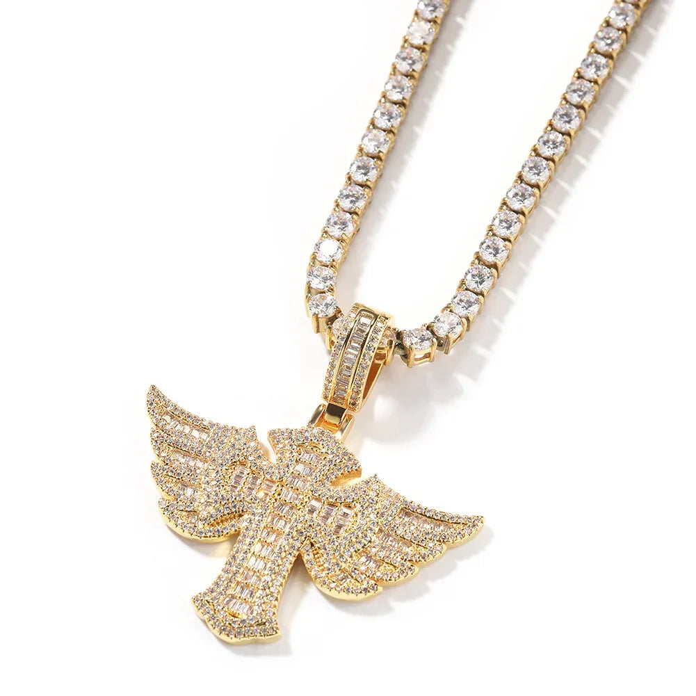 Luxury Iced Out Angel Wings Cross Pendant for Men | Hip Hop Pave CZ Jewelry | Trendy Winged Cross Ice Pendant | Fashion Necklace | Caratix - CaratixJewelry