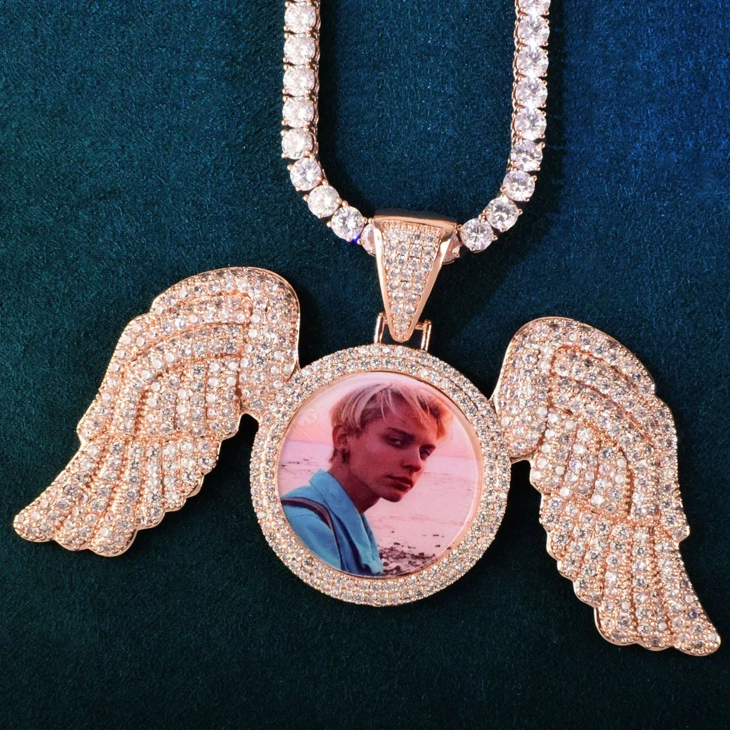 Wing Photo Pendant Necklace | Iced Out CZ Custom Picture DIY Couple Jewelry - CaratixJewelry