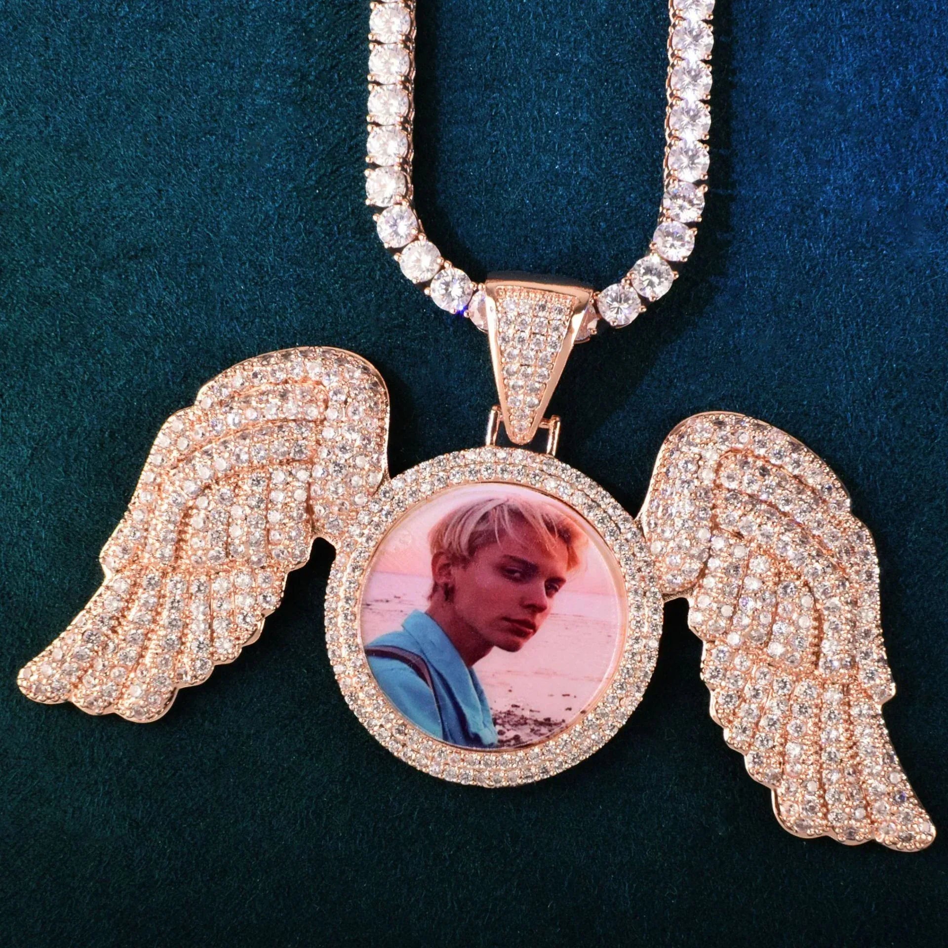 Wing Photo Pendant Necklace | Iced Out CZ Custom Picture DIY Couple Jewelry - CaratixJewelry