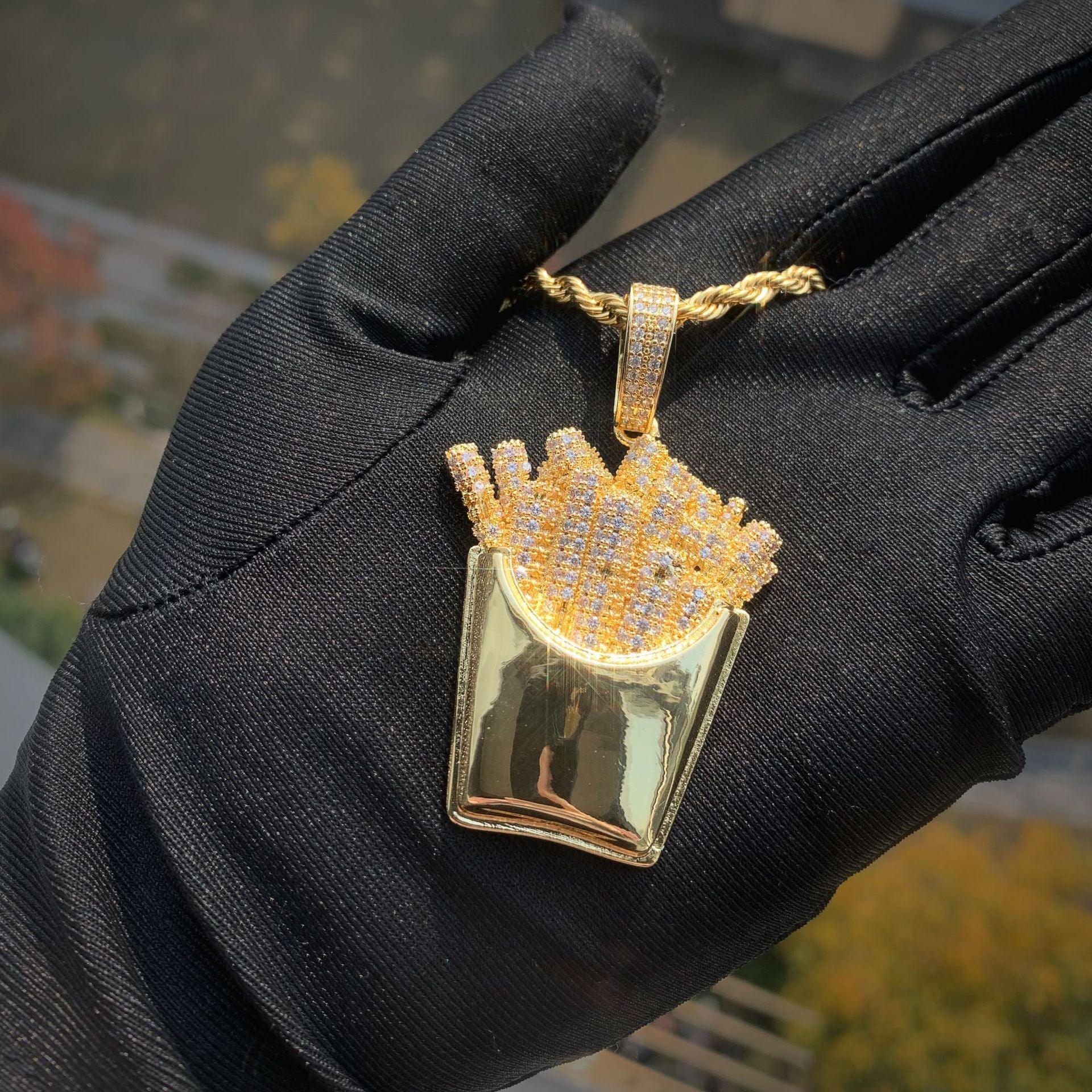 Iced Out French Fries Pendant Necklace | CZ Hip Hop Unisex Trendy Jewelry - CaratixJewelry