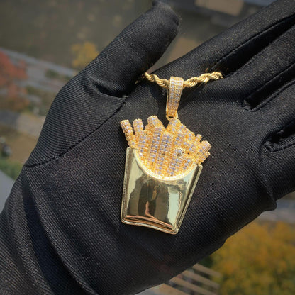 Iced Out French Fries Pendant Necklace | CZ Hip Hop Unisex Trendy Jewelry - CaratixJewelry