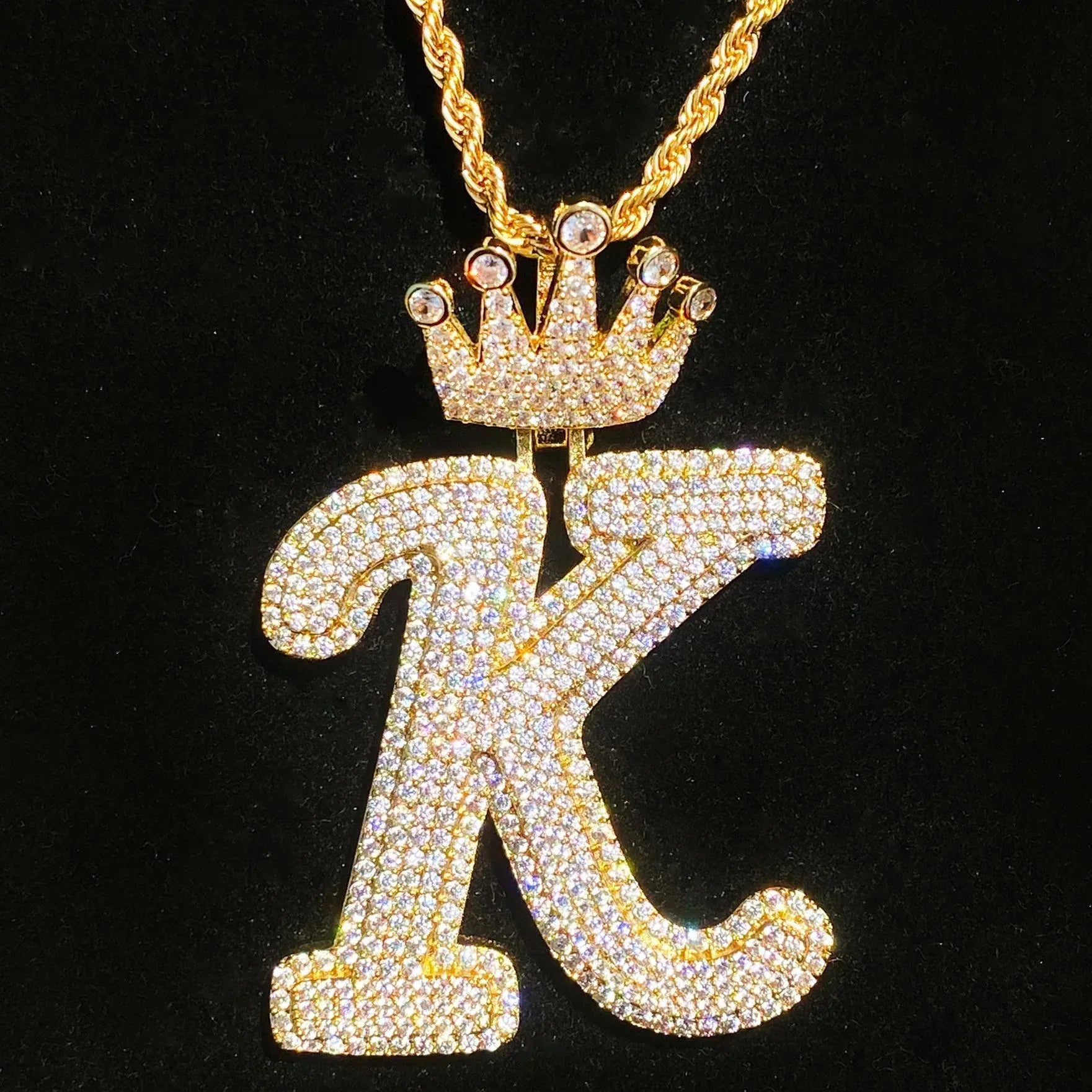Iced Out Crown Letter K Pendant | Real Copper CZ Initial Necklace - CaratixJewelry