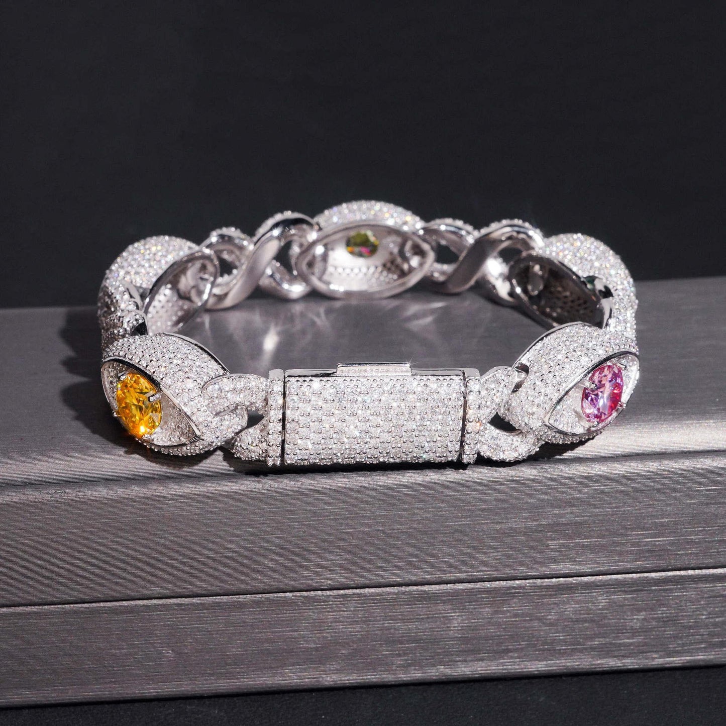 Iced-Out Eye Design Moissanite Cuban Link Bracelet – 925 Sterling Silver Hip Hop Men’s Streetwear Jewelry - CaratixJewelry