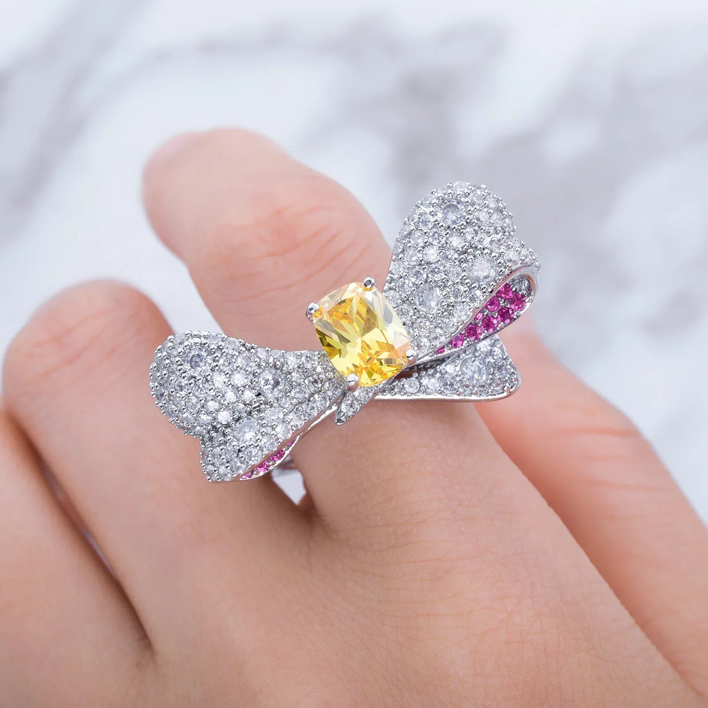 Colorful Gemstone Bow-knot Ring | Iced Out Rainbow Band | Caratix