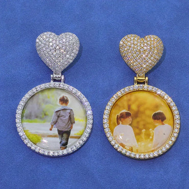 Heart Lock Round Photo Pendant Necklace with Copper Frame and Zircon Stones | Customizable Jewelry | Caratix Jewelry - CaratixJewelry