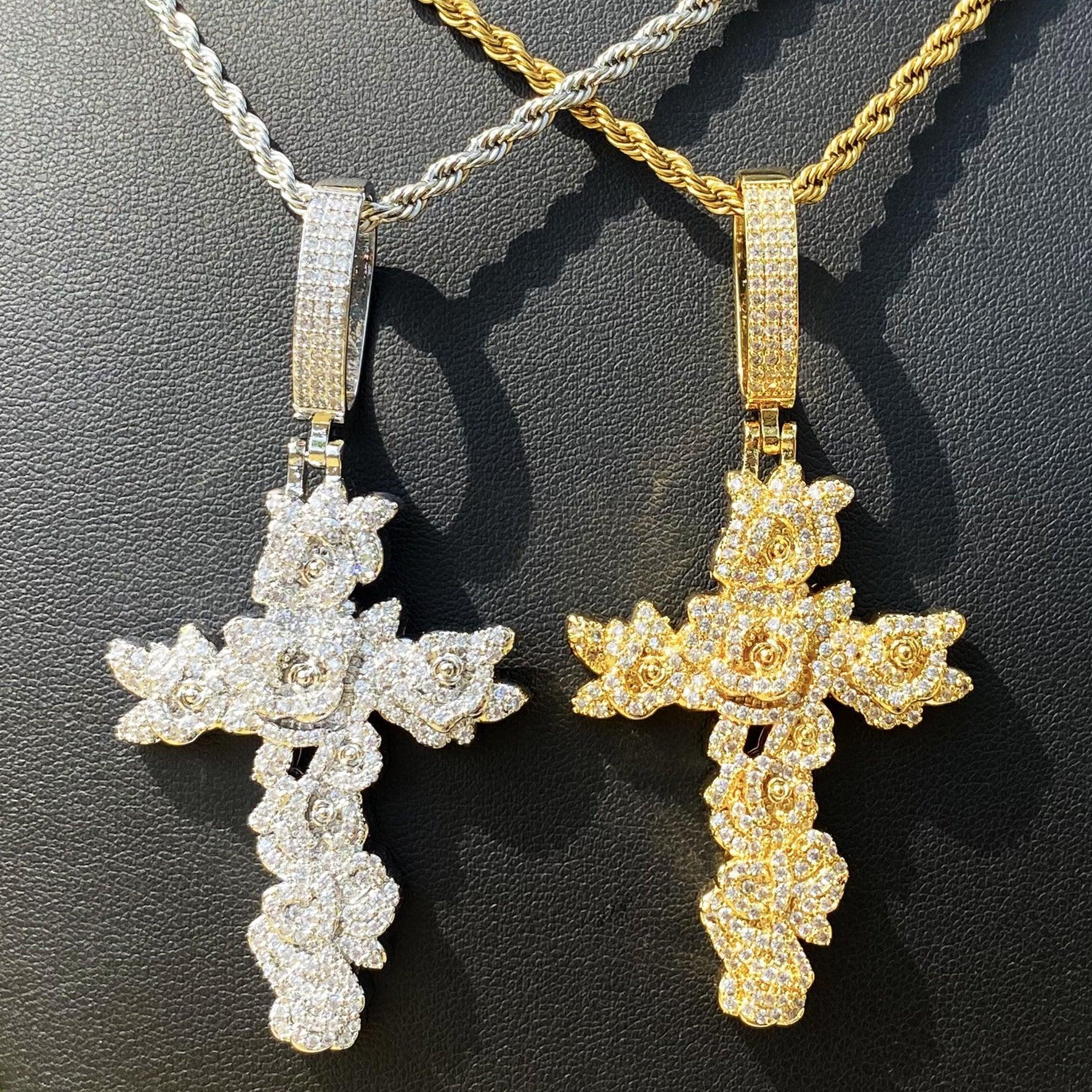 Iced Out Rose Cross Pendant | Women's Blooming Floral Necklace - CaratixJewelry