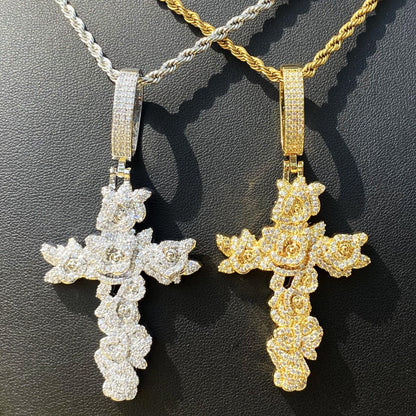 Iced Out Rose Cross Pendant | Women's Blooming Floral Necklace - CaratixJewelry