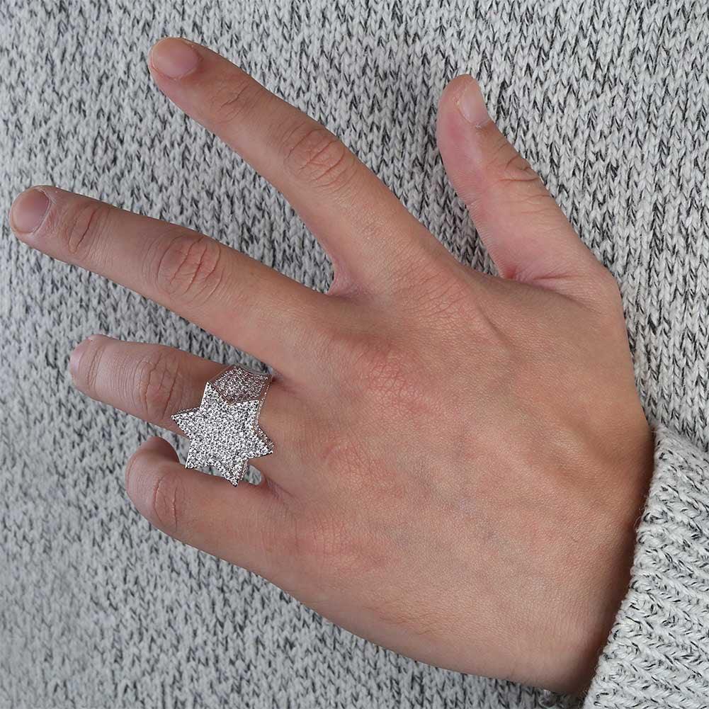 Men's Iced Out 3D Star Ring | Hip Hop Pentagram Signet Band | Caratix