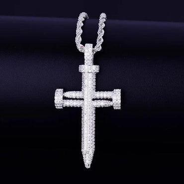 Modern Iced Out Thumbtack Nail Cross Pendant | Men's Industrial Hip Hop Necklace | Premium Copper CZ Jewelry | Unique Street Edge | Caratix - CaratixJewelry