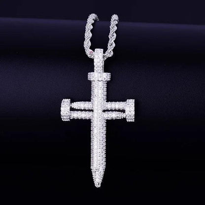 Modern Iced Out Thumbtack Nail Cross Pendant | Men's Industrial Hip Hop Necklace | Premium Copper CZ Jewelry | Unique Street Edge | Caratix - CaratixJewelry