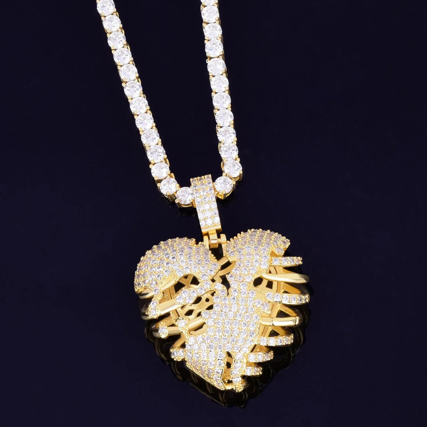Iced Out Broken Skeleton Heart Pendant | Unisex Real Copper CZ Necklace - CaratixJewelry