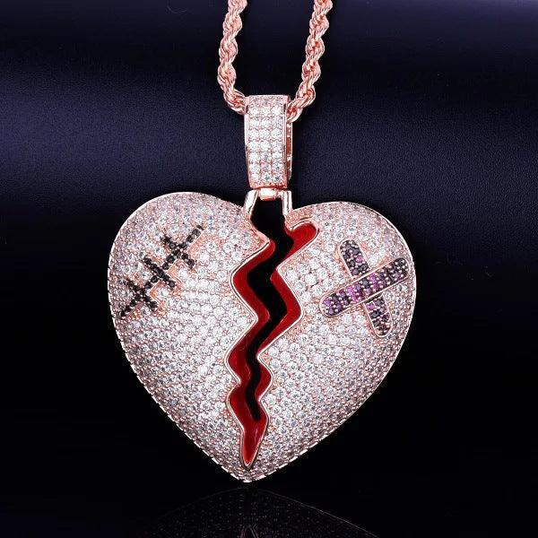 Iced Out Shattered Heart Pendant | Men's Real Copper CZ Necklace - CaratixJewelry