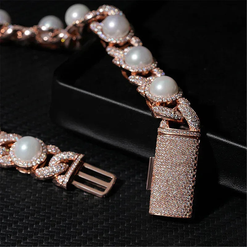 15mm Pearl Moissanite Cuban Link Necklace | S925 Silver Men’s Hip Hop Chain - CaratixJewelry