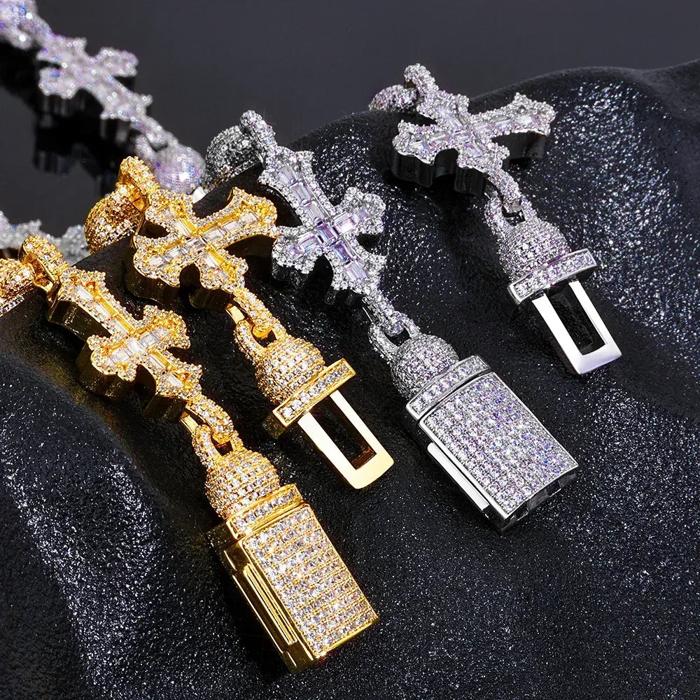 Moissanite Cross Necklace with Mixed-Cut Bead & T-Bar Chain – S925 Sterling Silver Vintage Hip Hop Jewelry for Men - CaratixJewelry
