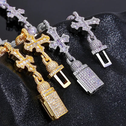 Moissanite Cross Necklace with Mixed-Cut Bead & T-Bar Chain – S925 Sterling Silver Vintage Hip Hop Jewelry for Men - CaratixJewelry