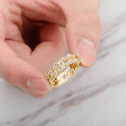 S925 Sterling Silver Cuban Link Cross Ring | Iced Out Hollow Band | Caratix